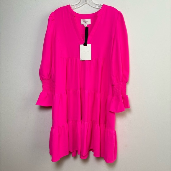 POMANDER PLACE Tuckernuck Electric Pink Crepe Kenzo Dress Ruffle Tiered M - Picture 6 of 17